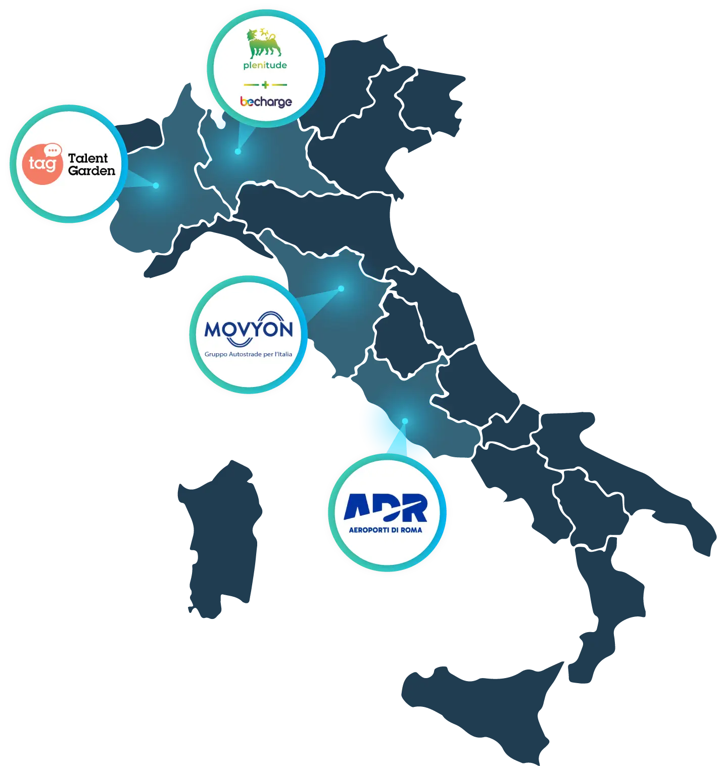 Mappa delle installazioni già avvenute all'interno del territorio italiano con i clienti che hanno scelto i nostri servizi come soluzione universale di Smart Parking